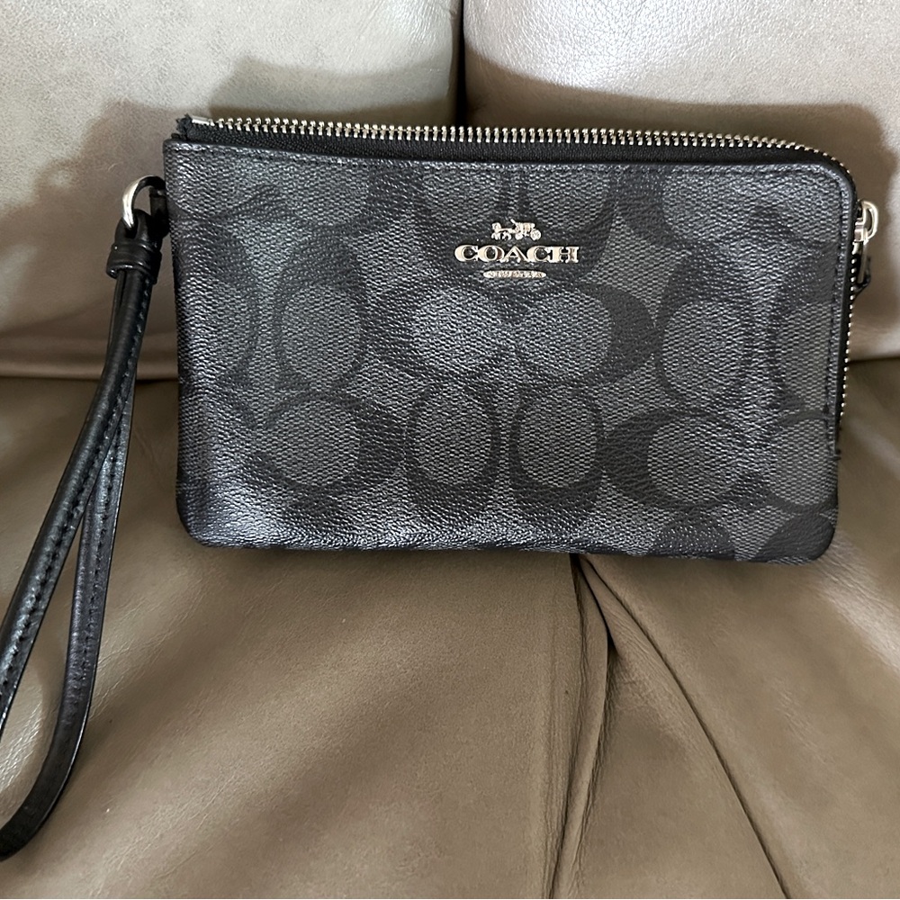 Coach Signature Black Smoke Double Zippered Wristlet